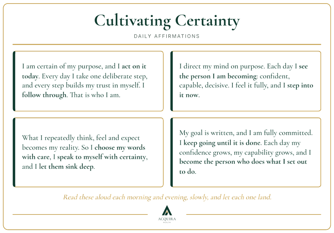 Back of the Acquira Goal Card: Cultivating Certainty daily affirmations
