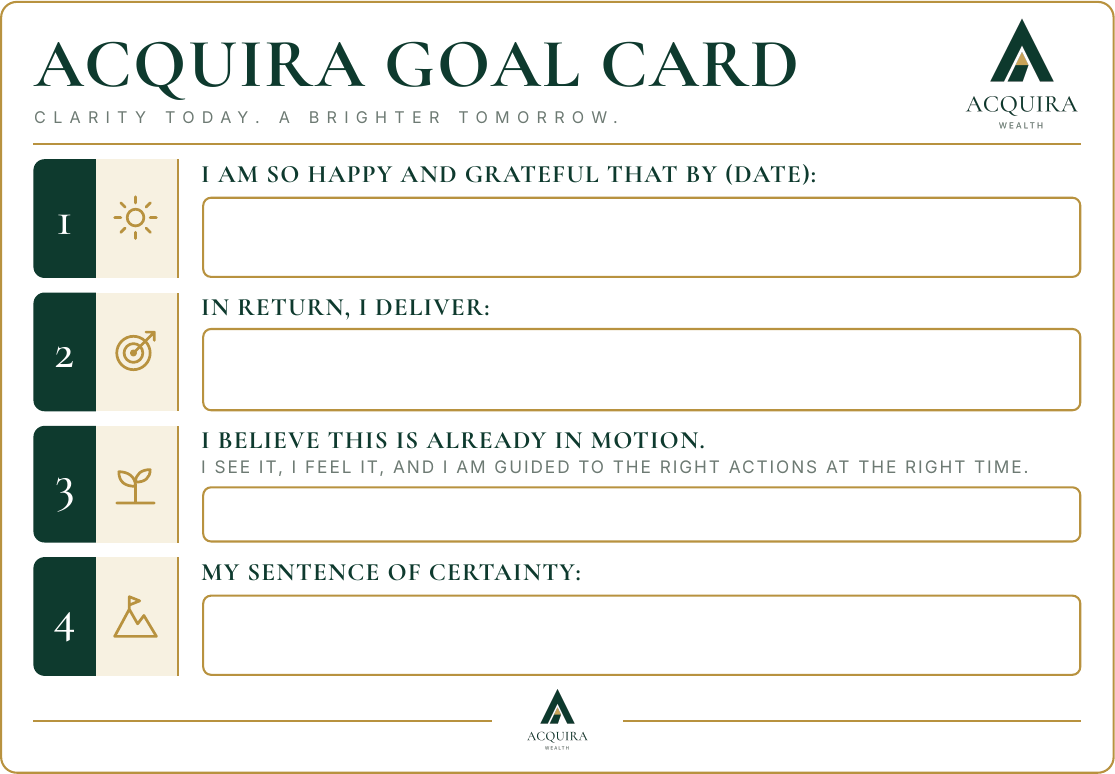 Acquira Goal Card with four spaces for your goal, commitment, belief and sentence of certainty
