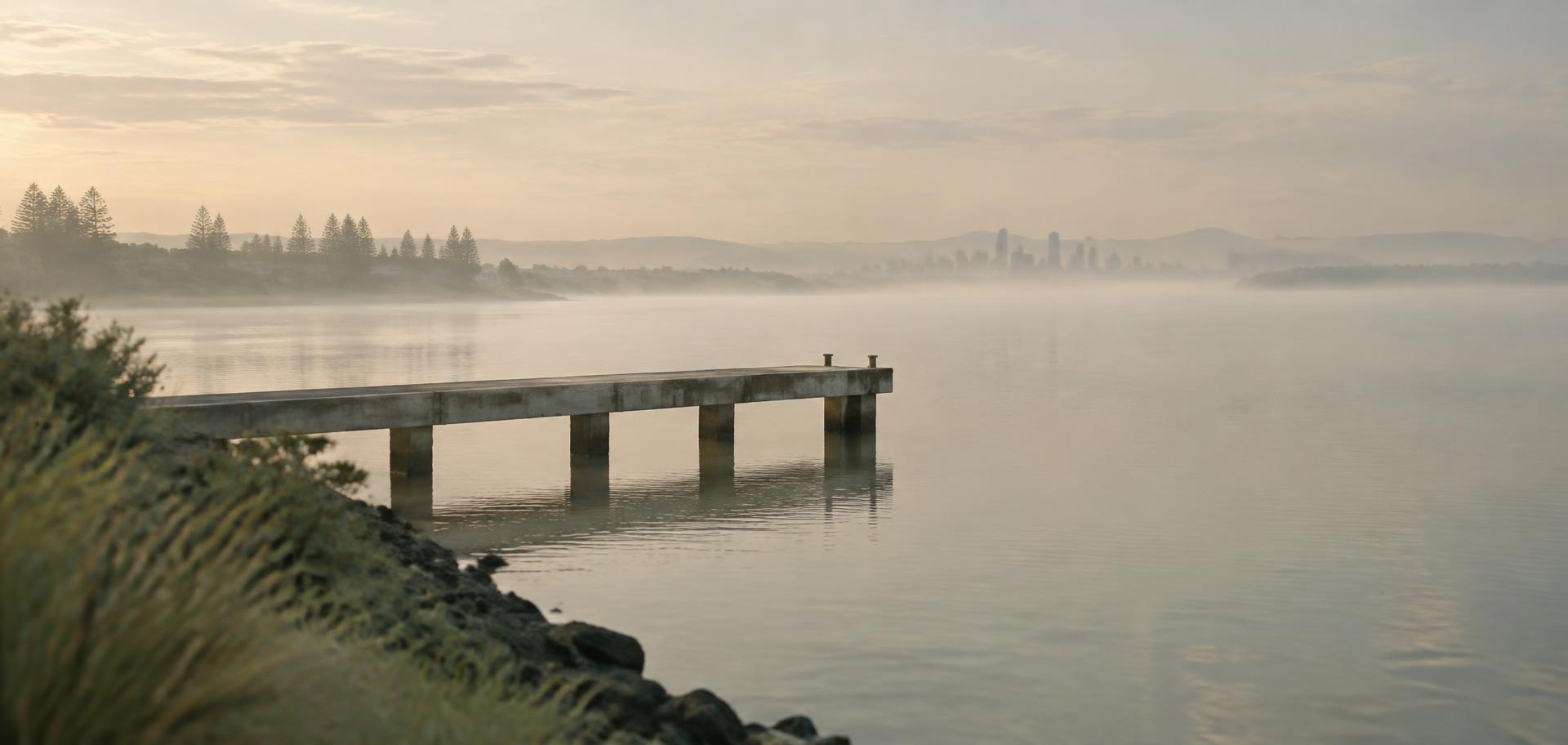 A calm Gold Coast waterway at dawn with a simple concrete jetty
