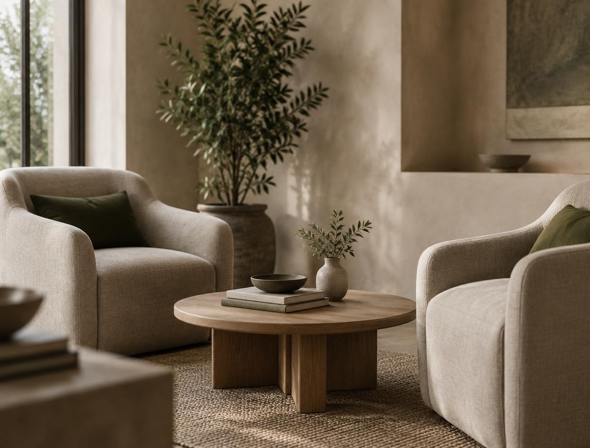 A calm meeting room with two linen armchairs facing a low oak table