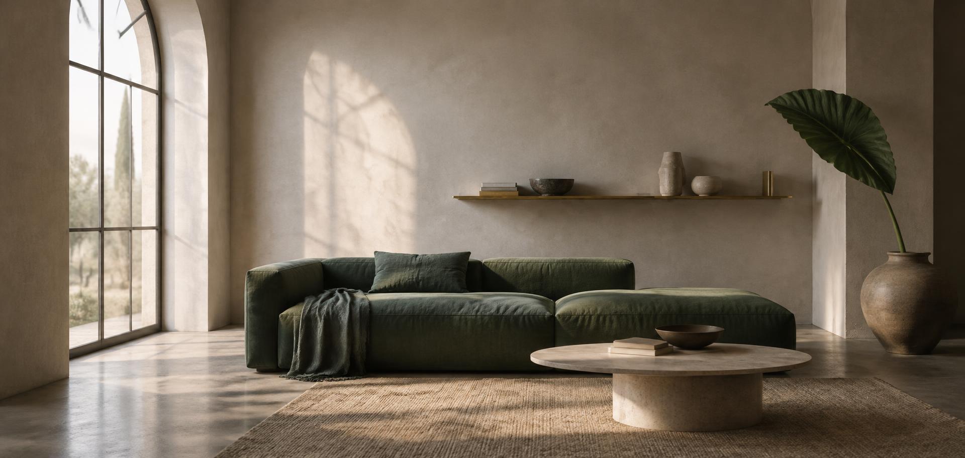 A calm minimalist interior with soft morning light through an arched window