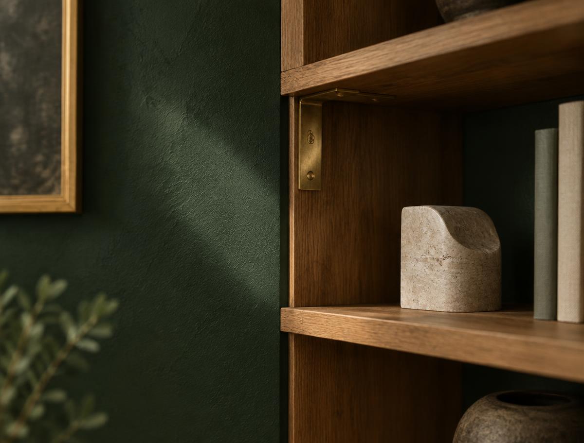 An architectural detail of a deep-green wall meeting warm oak shelving and a brass bracket