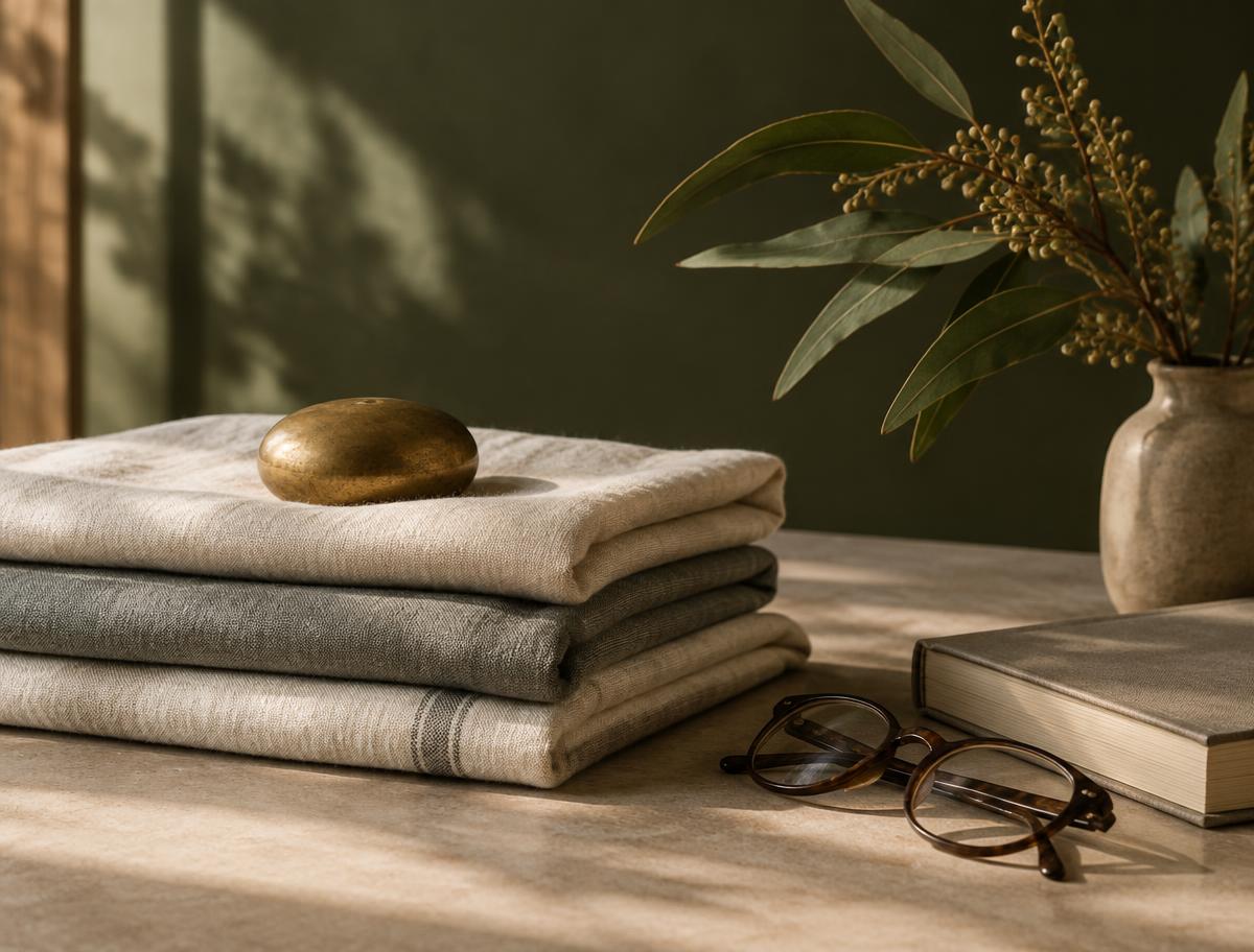 A quiet still-life of folded linen, brass and a sprig of foliage in soft light